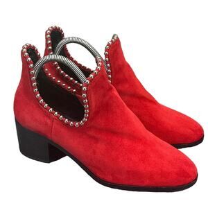 GB Gianni Bini Red Suede Studded Slip On Cut Out Ankle Bootie Women 8.5